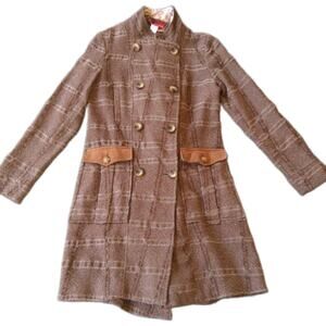 Vintage Christian Lacroix 100% Wool Plaid Long Coat Trench Jacket Suede Trim